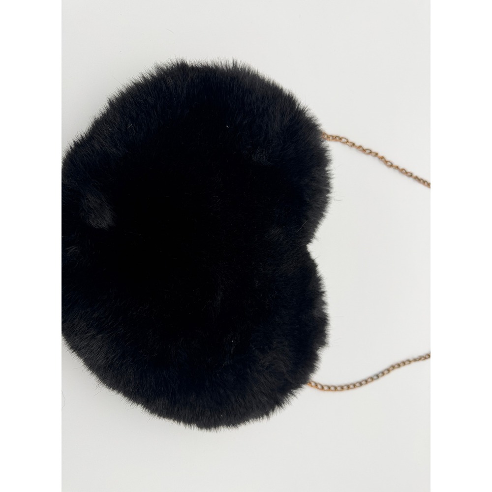 Vintage Black Faux Fur Heart Shaped Crossbody Bag Gold Chain Strap Y2K Aesthetic - Picture 2 of 6